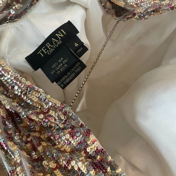 Terani Couture Silk Gold Sequined Cocktail Dress - Picture 4 of 6